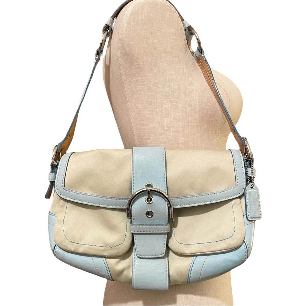 COACH Soho Pocket Flap #1879 Crème & Blue Leather Chunky Buckle Y2K Shoulder Bag - Picture 2 of 14